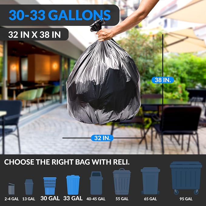 Reli. 30 to 33 Gallon Trash Bags Heavy Duty | 250 Trash Bags with Ties | Super Sizeable, Black, Serious Garbage Cleanup