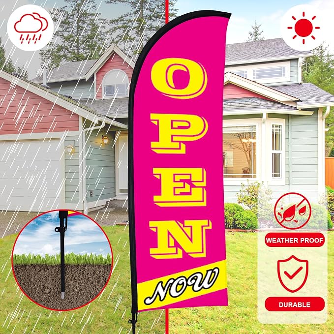 Buryeah 2 Sets Now Open Flag Banner for Business Advertising 7 ft Feather Flag Sign with Flagpole Ground Stake Portable Bag (Hot Pink)