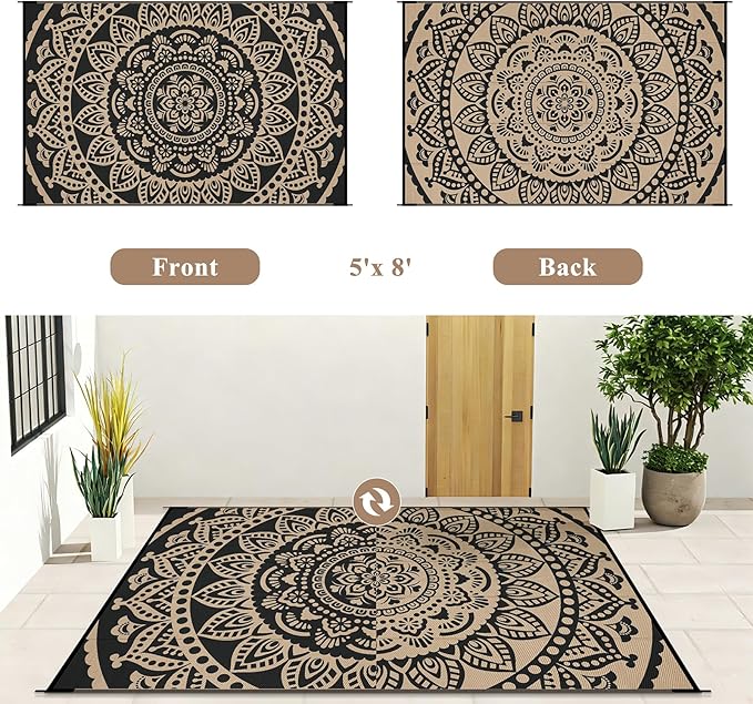 Bsmathom Waterproof Outdoor Rug, 5'x8', Black | Reversible, Boho Plastic Straw, Portable RV Mat, For Patio, Deck, Camping, Porch, Balcony, Backyard, Beach, Pool