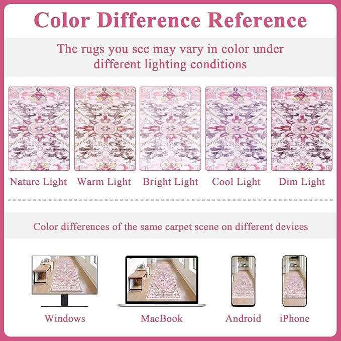 U'Artlines 2' x 6' Boho Hallway Runner Rug, Washable Carpet, Pink | Non Slip, Vintage Farmhouse Accent Area Rug Carpet, for Kitchen Entryway Laundry and Living Room