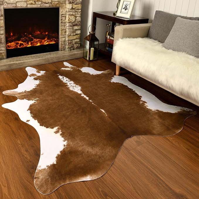 AROGAN Faux Cowhide Rug, Brown Cow Print Large Animal Area Rug, 6x7.2 Ft | Premium Cow Hide Carpet, Western Rug for Bedroom Living Room Decor, Durable Faux Cow Skin Cowhide Area Rug