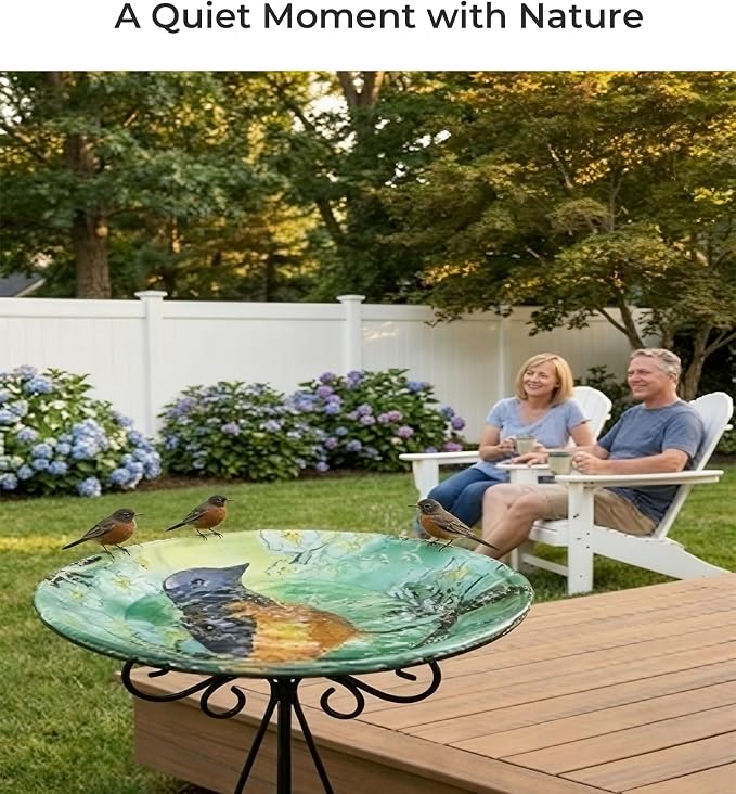 Large Bird Bath for Outside, 18" H Glass Bath Bowl with Metal Stand 28" H Standing Outdoor Birdbaths for Garden Yard Lawn Decor,Baltimore Oriole