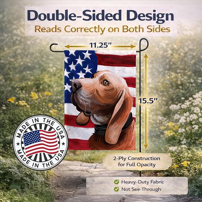 Caroline's Treasures CK6683GF Sabueso Espanol Dog American Flag Garden Flag Mailbox Flag Decorative Yard Flag Banner Outside Patio Artwork Yard Flower Beds, Garden Size, Multicolor