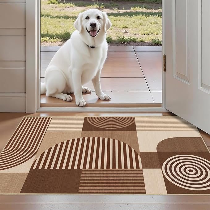 Brown Geometric Rug 2x3 for Entryway Machine Washable Mid Century Modern Rug Non Slip Low Pile Minimalist Line Rugs Door Indoor Mat Carpet for Bathroom Bedroom Kitchen Laundry,Brown