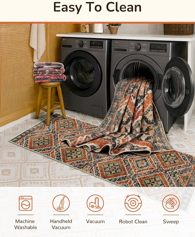 9'x12' Washable Area Rug for Living Room Bedroom Orange/Brown | Soft Western No Slip Low Pile Print Foldable Indoor for Kitchen Dining Room