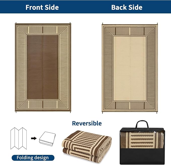Garvee Outdoor Rug 9x18 Outdoor Patio Rug Waterproof Foldable Mat Reversible Plastic Straw Rugs Easy Clean Lightweight Carpet for Balcony Deck Picnic Backyard Camping Porch RV Beach Border Brown