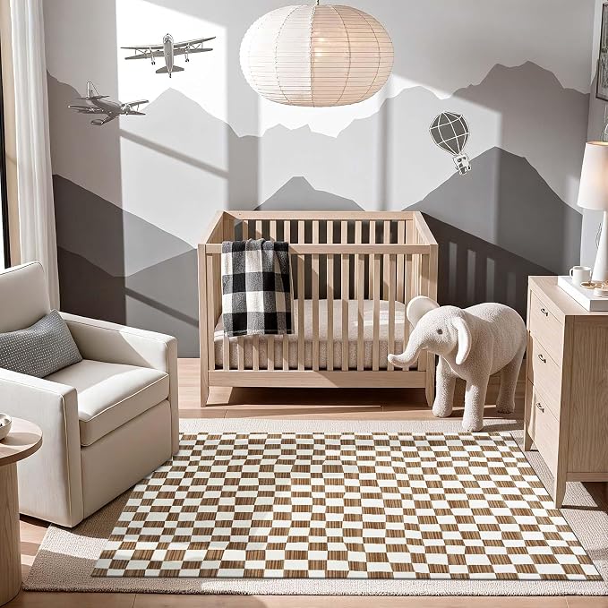 jinchan 4x6 Area Rug Washable Modern Checkered Rug for Kids Room, Brown | Geometric Lattice, Soft, Non-Slip, Floor Carpet, Kitchen, Nursery, Bedroom, Living Room, Dining Room, Nursery, Playroom