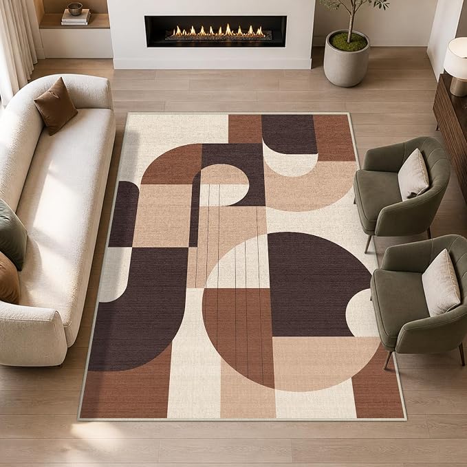 5x7 Brown Geometric Area Rug for Living Room Bedroom Modern Abstract Large Rug Machine Washable Non-Slip Carpet for Dining Room Office