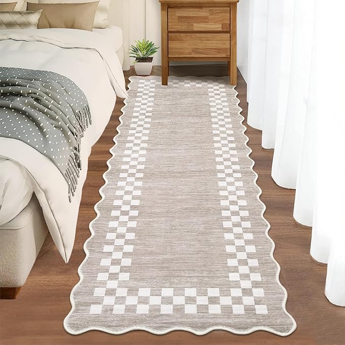 GarveeHome Hallway Runner Rug 2x6 Non Slip Scalloped Washable Kitchen Rug | Entry Stain Resistant Modern Border Throw Floor Carpet Long Runners Mat for Bathroom Living Room Bedside, Fog
