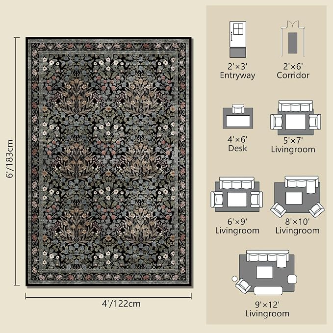 Traditional Design Vintage Floral Area Rug 4 x 6,Washable Area Rugs - Perfect for Living Room, Bedroom, Pet & Child Friendly, Nursery - Stain & Water Resistant Non-Slip, Dining Room Decor