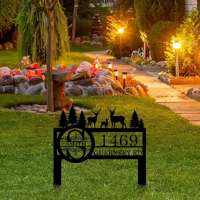 Personalized Deer Wildlife Decor for Outside, Custom Garden Address Sign with Metal Stake, Address House Number Sign, Name Farmhouse Decoration, Yard Housewarming Gift, Camping Decor for Outdoor