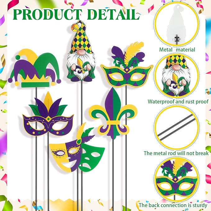 Pickmesh 6 Pcs 12" H Mardi Gras Metal Yard Sign Metal Yard Sign Barn Garden Stake for Mardi Gras Planter Pot Walkway Pathway Outdoor Decor Lawn Decoration