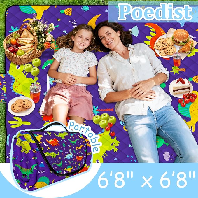 Extra Large Picnic Blanket Waterproof,80"x 80"Foldable Machine Washable Beach Blankets,Outdoor Blanket for 6-8 Adults,Picnic Mat Suitable for Indoor Crawling,Park Beach,Camping,Hiking,Travel（Dinosaur)
