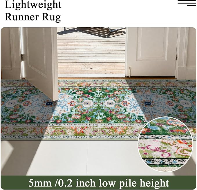 U'Artlines 3'x20' Boho Hallway Runner Rug Non Slip Washable Runners,Green | Vintage Farmhouse Kitchen Rug Accent Area Carpet for Entryway, Dining Room and Living Room