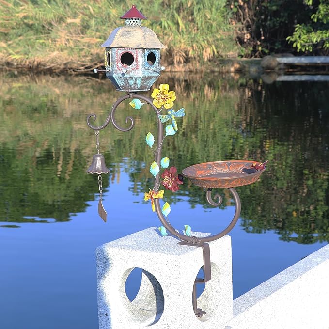 HLQMFHT Deck Bird Bath, Metal Bird Bath and Bird Houses, Decorative Deck Mounted Bird Baths, Detachable and Adjustable Sturdy Deck Bird Bath for Outdoor Porch Yard Garden Decoration