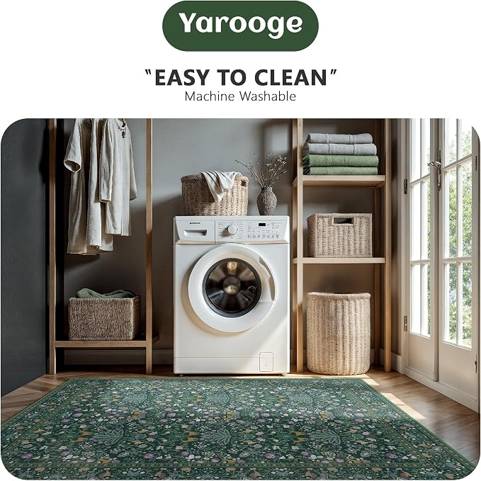 5x7 Area Rugs, Vintage Rugs for Bedroom, Indoor Non-Slip Washable Rug for Living Room, Dining Room, Low Pile Home Decor Floral Rug(Dark Green)