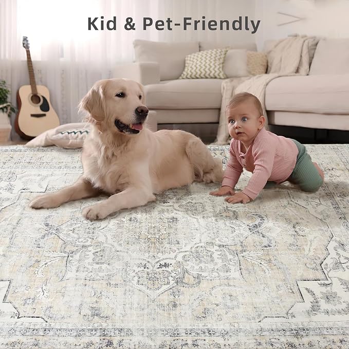 10x12 Area Rugs for Living Room: Large Washable Rug Non Slip Low Pile Soft Faux Wool Non Shedding Distressed Lightweight Vintage Floral Carpet for Bedroom Dining Room Kids Playroom Nursery Farmhouse
