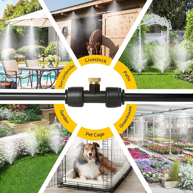 joyhalo Misters for Outside Patio with Automatic Sprinkler Timer, 50FT Misting System Line,17 Mist Nozzles,Water Filter,Brass Adapter(3/4"), Outdoor Plant Misters for Patio Cooling Garden Greenhouse