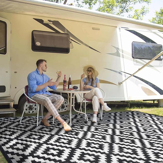 Outdoor Patio Plastic Straw Rug - 9x12 ft Outdoor Camping Rug Waterproof Reversible, Area Carpet Patios RV, Outside Porch Balcony Deck for Camper, Black & White