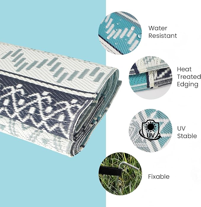 Outdoor Rug 6 x 9 ft, Reversible Plastic Straw Rug for Patio, Waterproof Large Outdoor Carpet for RV, Patio, Camping, Backyard, Deck, Picnic, Beach, Blue & Grey