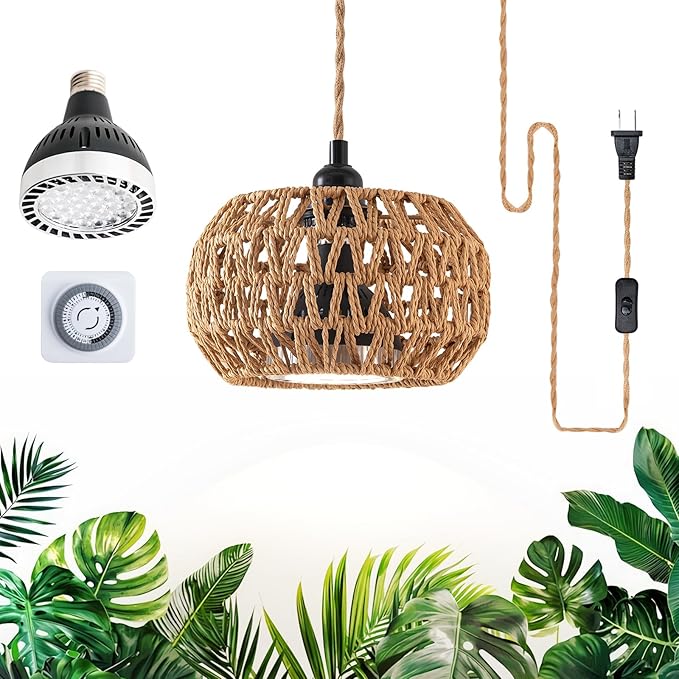 Grow Lights for Indoor Plants, Boho Plants Light, with 24H Timer and 15FT Power Cord, 30W Pendant Plant Lights for Indoor Growing,Grow Light for Garden, Flowers, Green Leaf Growing