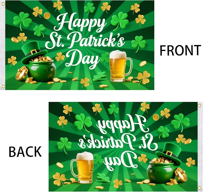 St Patrick's Day Flags 3x5 Outdoor Double Sided Flag 5x3 Ft Green Shamrocks Irish Holiday Decorations – Durable Polyester St Patricks Day Banner with White Header & 2 Brass Grommets for Yard House Garden