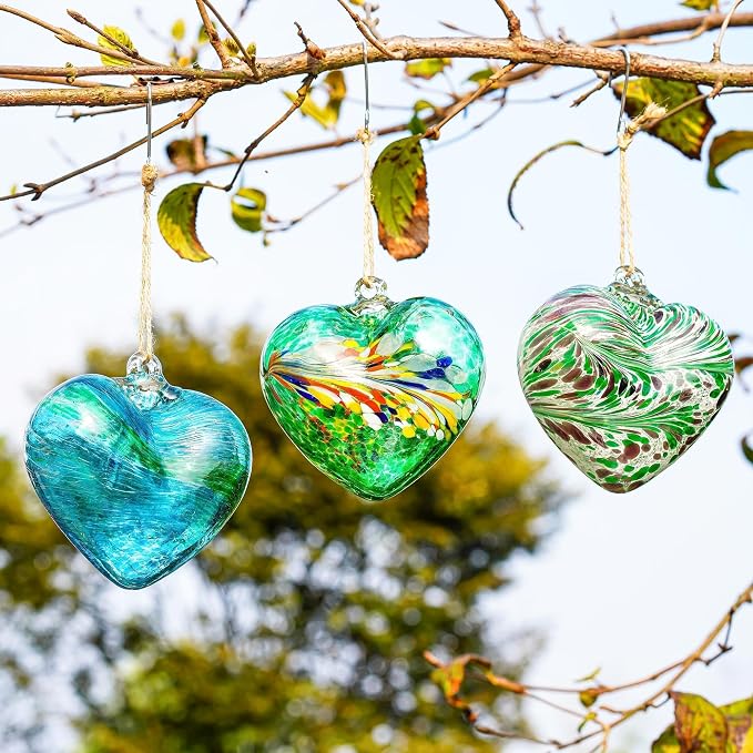 Set of 3 Blown Glass Heart Ornaments Hanging Green Gazing Balls for Outdoor | Hand-Blown Craftsmanship, Easy-Hang Lanyard Design for Indoor & Outdoor Hanging