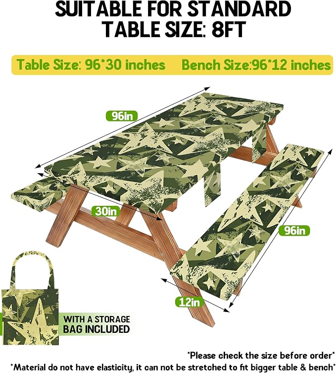 Picnic Table Cover with Bench Covers Waterproof Elastic Tablecloth Camping Essentials Gear Table Cloth Outdoor Glamping Cool Camping Gifts for Camper RV Owner Camping Lovers Family Couple Women Men