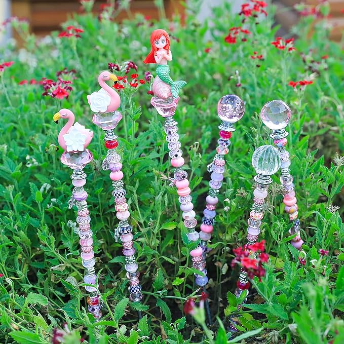 AIPRIDY DIY Crystal Beaded Fairy Wand Garden Stakes Kit, Colorful Decorative Wands with Assembly Guide, 12 or 10 Inch Threaded Rods,Outdoor Garden Decoration Set (158, Pink+Hybrid Top)