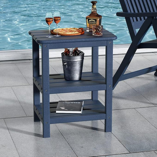 3 Tier Outdoor Side Table Adirondack Side Table HDPE End Table Patio Side Table Rectangle Tables for Outdoor Backyard Garden Balcony (Blue - No Wood Grain)