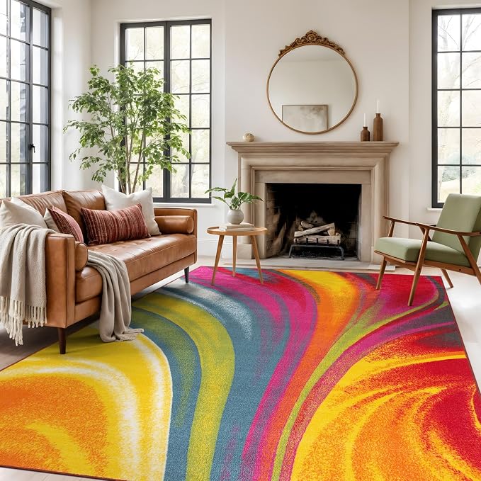 Rugshop Waves Non-Slip Contemporary Modern Area Rug Multi 7'10" x 10' | Rectangular, Size 7' 10" x 10', Living Room, Bedroom, Dining Room, Home Office, Kitchen, Entryway, Hallway, Nursery, Bedside