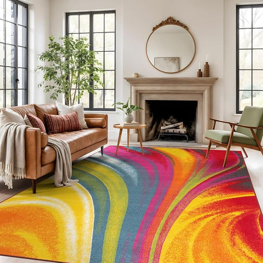 Rugshop Waves Non-Slip Contemporary Modern Area Rug Multi 7'10" x 10' | Rectangular, Size 7' 10" x 10', Living Room, Bedroom, Dining Room, Home Office, Kitchen, Entryway, Hallway, Nursery, Bedside