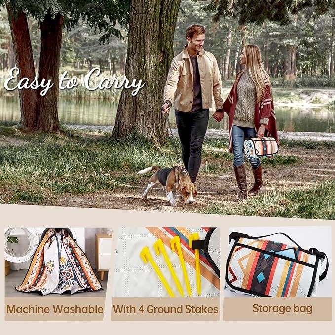 HAUSPROFI Extra Large Picnic Blanket 80"x80" – Waterproof Outdoor Mat for Beach, Camping, Park & Garden, Portable with Carry Strap & 4 Stakes, Machine Washable, Bohemian Pattern