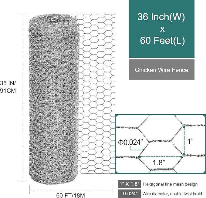 Chicken Wire Fencing, 36 Inch x 60 Feet Chicken Wire Mesh Roll for Garden Plants, 1 Inch Mesh Hexagonal Galvanized Metal Poultry Wire Netting for Chicken Coop Rabbit Dogs Barrier