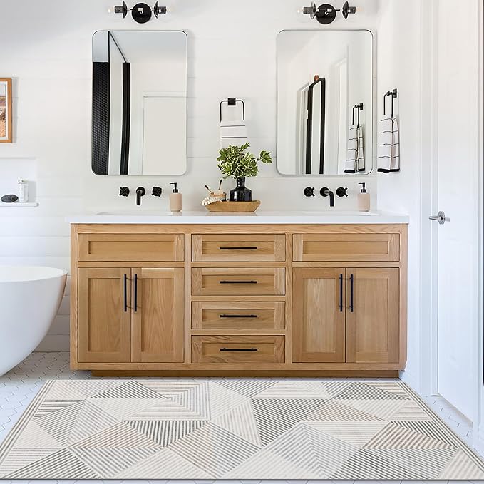 Machine Washable Area Rug Runner - Living Room Bedroom Bathroom Kitchen Entryway Office - Padded Low Pile Stain Resistant Premium - Modern Geometric Contemporary - Miles - Beige 2'6"x6'