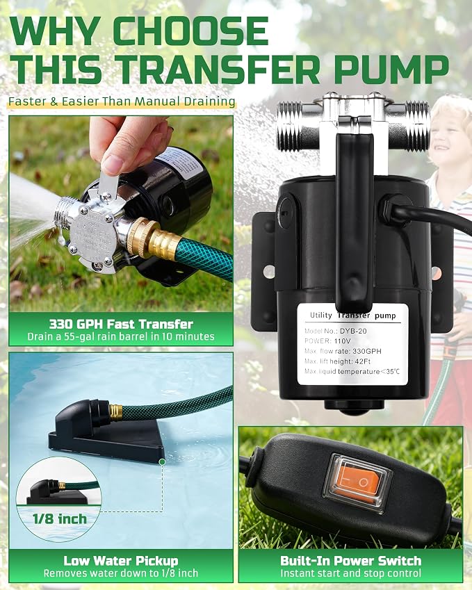 1/10HP Water Transfer Pump, Electric Utility Pump w/ 2 x 6 ft Garden Hose Kit, 110V 330GPH Water Removal Pump for Rain Barrel, Flooding & Aquarium, Self Priming Garden Water Drain Pumps