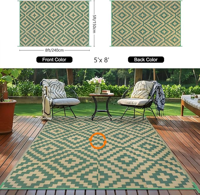 Outdoor Patio Plastic Straw Rug - 5x8 ft Outdoor Camping Rug Waterproof Reversible, Area Carpet Patios RV, Outside Porch Balcony Deck for Camper, Green & Yellow