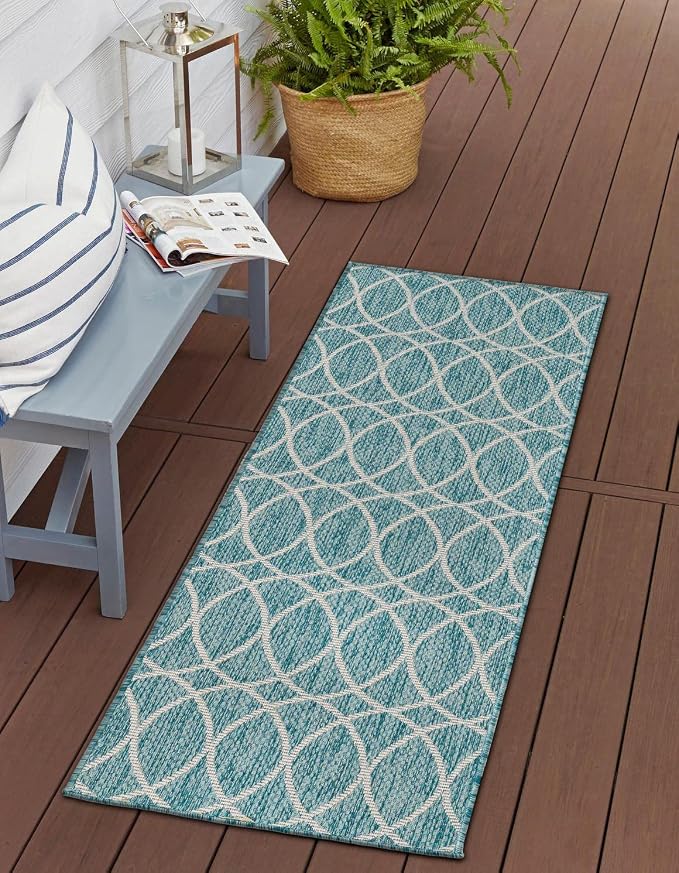 Unique Loom Outdoor Trellis Collection Area Rug - Gitter (2' x 8' Runner, Light Aqua/ Ivory)