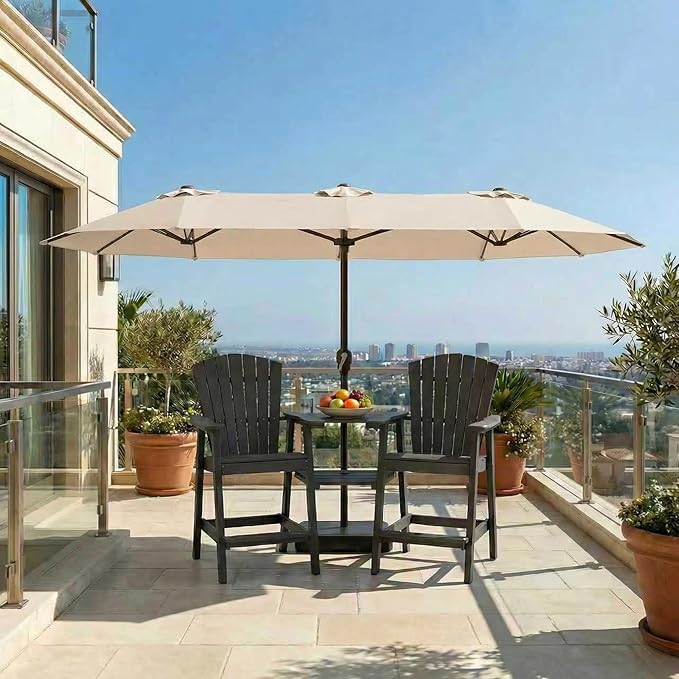 15FT Large Patio Umbrella with Base Included, Double Sided Outdoor Market Umbrella with Flexible Fiberglass Ribs, UV-Blocking Extra Large Umbrella for Garden, Pool, Deck, Beige
