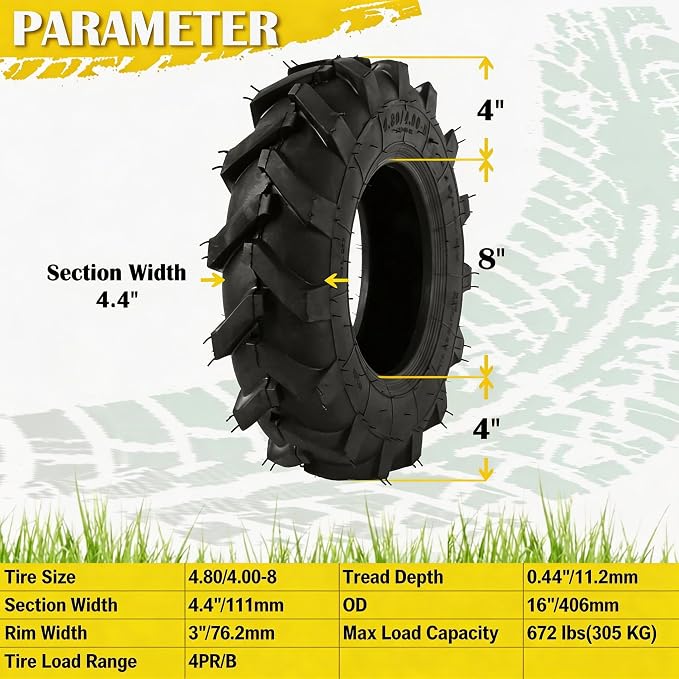 Upgraded 4.80 4.00-8 Tires Tubeless, 672LB Capacity Each, 16'' Turf Tire Compatible with J ohn Deere C ub Cad et H usqvarna C raftsman T roy-Bilt Lawn Mower, Tractor, Tiller, Wheelbarrow, 2 Pack