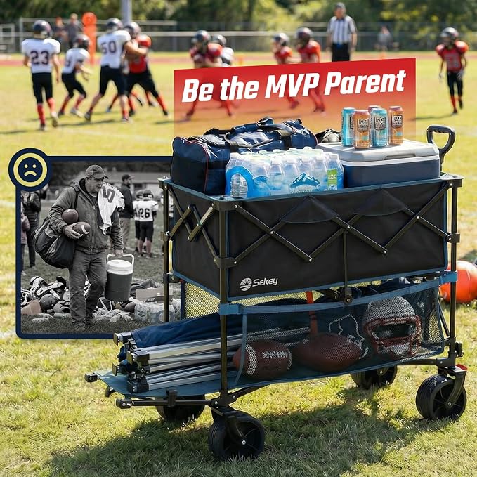 Sekey 500LBS Heavy Duty Double Decker Wagon with Extender, 400L Large Capacity Collapsible Garden Cart Fits 10x10 Canopy, All-Terrain Big Wheels with Brakes, Foldable Utility Wagon for Sports, Camping