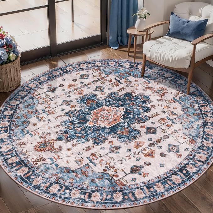 Tangsoo Washable Round Rug 4ft, Oriental Non Slip Small Circle Rug Blue | Boho Soft Low Pile Round Area Rug, Vintage Circular Rugs for Living Room Bedroom Entryway Nursery Dorm Office Blue/Orange