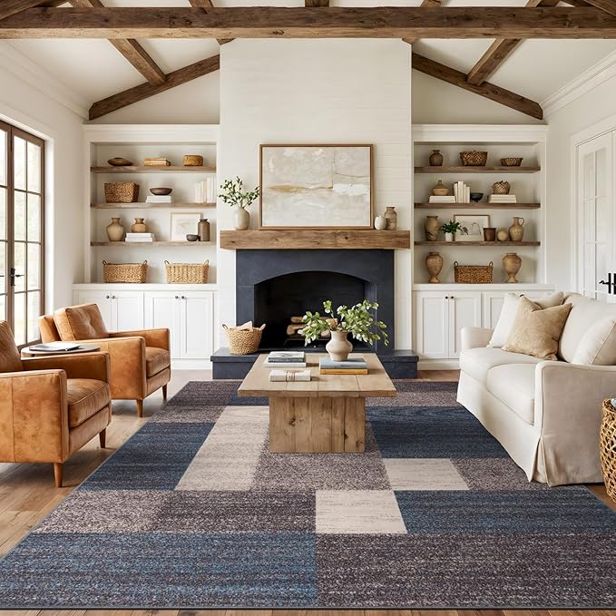 Rugshop Geometric Boxes Non-Slip Contemporary Area Rug Blue 9' x 12' | Non-Shedding, Rectangular, Size 9' x 12', Living Room, Bedroom, Dining Room, Home Office, Kitchen, Entryway, Hallway, Nursery