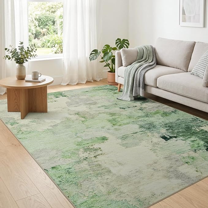 Joydeco Abstract Washable 5x7 Area Rugs for Living Room, Light Green | Non-Slip Soft Stain Resistant Machine Wash Modern Pet Child Friendly Carpet for Bedroom Dining Room Home Office Playroom Rug