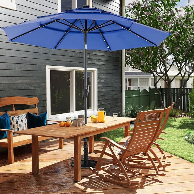 DUMOS Outdoor Solar Patio Umbrella 3 Tiers with 32 LED Lights, Beach Market Table Umbrella with Crank and 8 Sturdy Ribs for Pool, Terrace, Restaurant