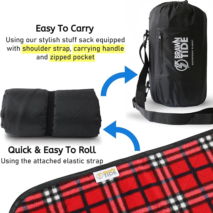 BRAWNTIDE Large Waterproof Outdoor Blanket, Extra Thick Fleece, Warm, Windproof & Sandproof, Quilted Stadium Blanket for Sports Events, Beach, Camping, Picnics, Dogs & Car, 82" x 55