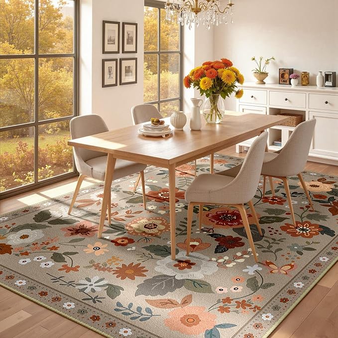 RELEANY Floral Washable 5x7 Area Rugs Brown/Brick | Flower Carpet, Print, Boho, Non-Slip, Easy to Clean, Soft, Low Pile for Living Room Bedroom Kitchen Office Entryway Hallway