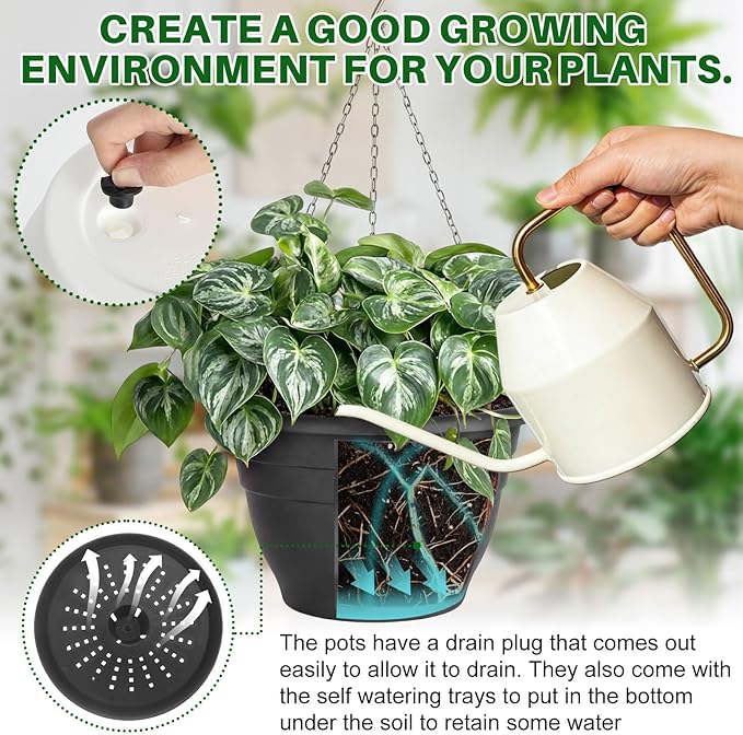 20 Pcs 10 Inch Plastic Self Watering Hanging Planters Bulk Hanging Baskets for Plants Indoor Outdoor with Drainage Holes and Chain Plant Pot for Garden, Balcony, Porch, Patio Decor