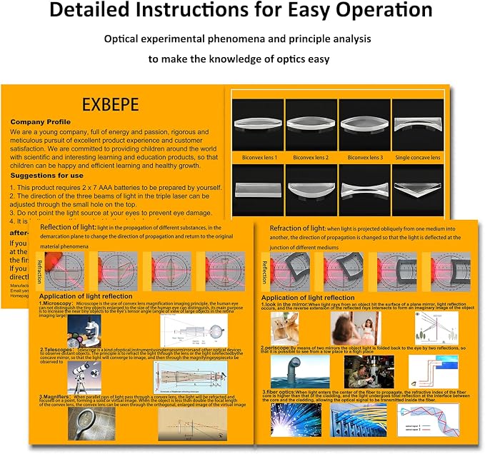 EXBEPE Physics Optics Experiment Set Prisms Convex Lens Triple Laser Refraction School Light Refraction Reflection Learning Educational Science Kits