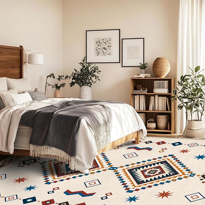 Moroccan Rug 4x6 Area Rug Boho Geometric Western Tribal Rug Soft Southwestern Washable Rugs Non Slip Low Pile Carpet for Living Room Bedroom Dining Room Home Office